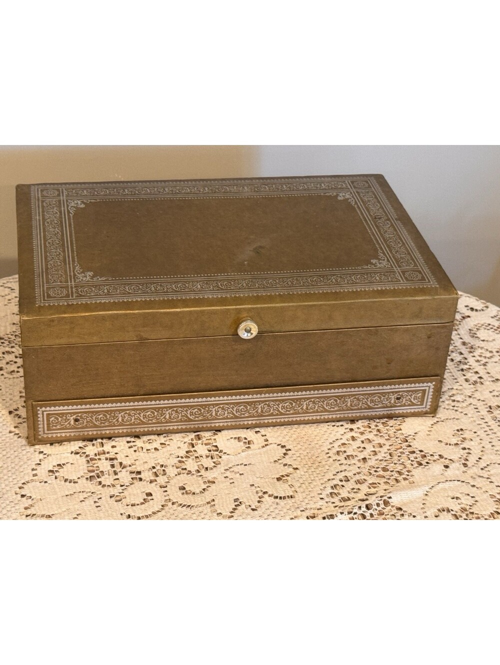 Vintage Mele Jewelry Box  GoldFaux Leather Silver Filigree 3 Tier Chest-12.5 X 8